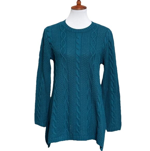 Jeanne Pierre Sweaters - Jeanne Pierre Teal Blue Cable Knit Asymmetrical Hem Tunic Sweater Size Medium